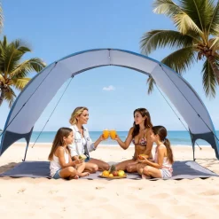 VEVOR Beach Tent Sun Shelter for 4 Person, UPF 50+ Protection, Portable Sun Shade Canopy with Carrying Bag & Ground Stakes, Lightweight and Easy Setup Beach Umbrella for Camping Fishing Outdoor Picnic