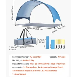 VEVOR Beach Tent Sun Shelter for 8 Person, UPF 50+ Protection, Portable Sun Shade Canopy with Carrying Bag & Sand Pockets, Lightweight and Easy Setup Beach Umbrella for Camping Fishing Outdoor Picnic