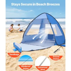 VEVOR Beach Tent Sun Shelter for 2 Person, UPF 50+ Protection, Portable Sun Shade Canopy with Carrying Bag & Sand Pockets, Lightweight and Easy Setup Beach Umbrella for Camping Fishing Outdoor Picnic