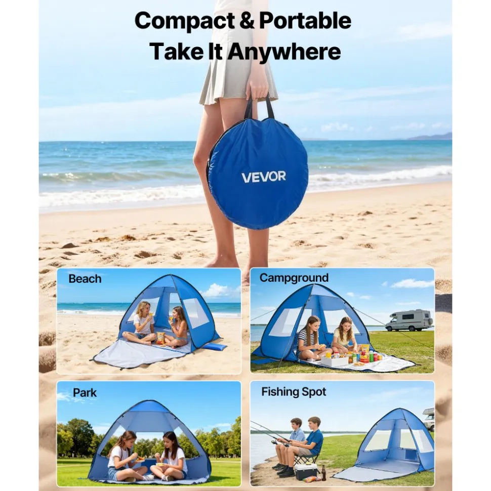 VEVOR Beach Tent Sun Shelter for 2 Person, UPF 50+ Protection, Portable Sun Shade Canopy with Carrying Bag & Sand Pockets, Lightweight and Easy Setup Beach Umbrella for Camping Fishing Outdoor Picnic