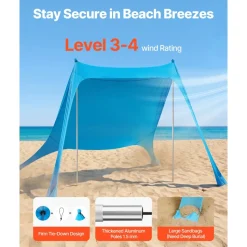 VEVOR Beach Tent Sun Shelter, UPF50+ Sun Protection, 6.6 ft Tall, 10x10 ft, Easy Pop Up Beach Canopy with 4 Sandbags, Stability Poles, Sand Shovels, Portable Shade for Family Outings, Camping, Fishing