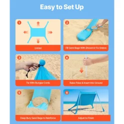 VEVOR Beach Tent Sun Shelter, UPF50+ Sun Protection, 6.6 ft Tall, 10x10 ft, Easy Pop Up Beach Canopy with 4 Sandbags, Stability Poles, Sand Shovels, Portable Shade for Family Outings, Camping, Fishing