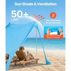 VEVOR Beach Tent Sun Shelter, UPF50+ Sun Protection, 6.6 ft Tall, 10x10 ft, Easy Pop Up Beach Canopy with 4 Sandbags, Stability Poles, Sand Shovels, Portable Shade for Family Outings, Camping, Fishing