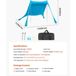 VEVOR Beach Tent Sun Shelter, UPF50+ Sun Protection, 6.6 ft Tall, 10x10 ft, Easy Pop Up Beach Canopy with 4 Sandbags, Stability Poles, Sand Shovels, Portable Shade for Family Outings, Camping, Fishing