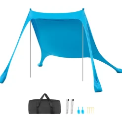 VEVOR Beach Tent Sun Shelter, UPF50+ Sun Protection, 6.6 ft Tall, 10x10 ft, Easy Pop Up Beach Canopy with 4 Sandbags, Stability Poles, Sand Shovels, Portable Shade for Family Outings, Camping, Fishing