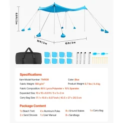 VEVOR Beach Tent Sun Shelter, UPF50+ Sun Protection, 6.6 ft Tall, 10x10 ft, Easy Pop Up Beach Canopy with 8 Sandbags, Stability Poles, Sand Shovels, Portable Shade for Family Outings, Camping, Fishing