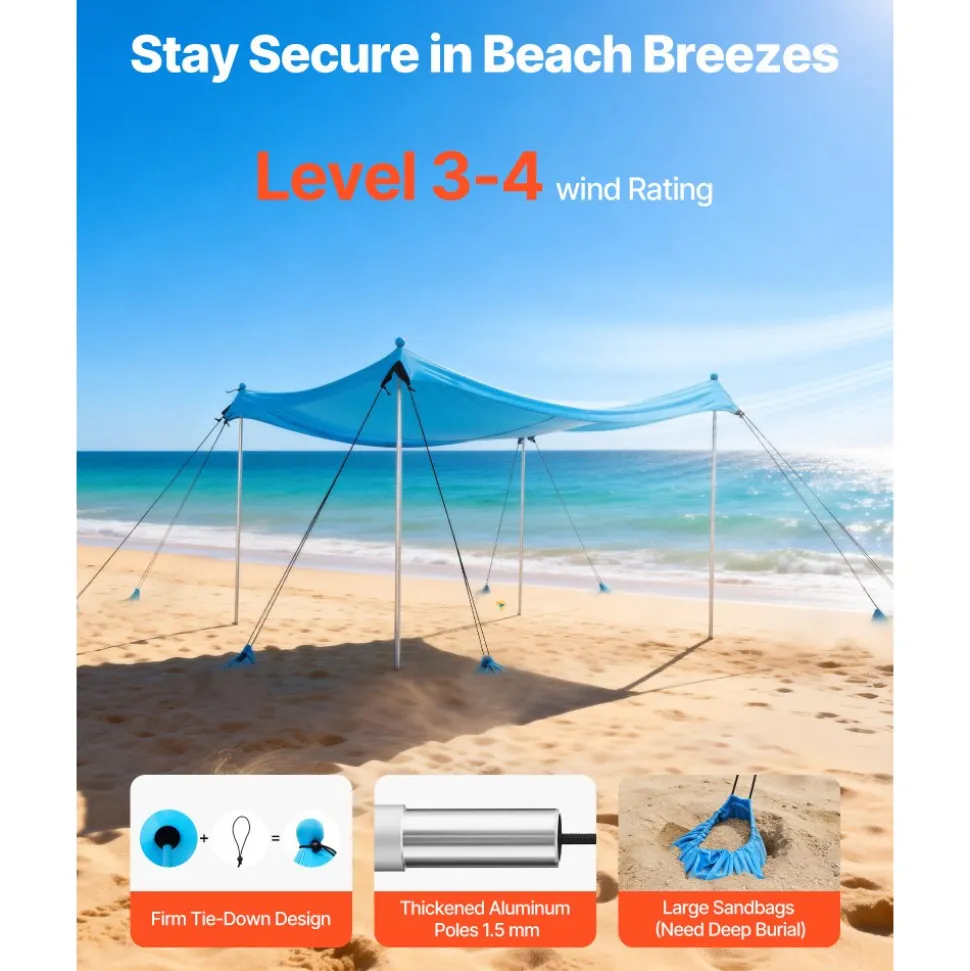 VEVOR Beach Tent Sun Shelter, UPF50+ Sun Protection, 6.6 ft Tall, 10x10 ft, Easy Pop Up Beach Canopy with 8 Sandbags, Stability Poles, Sand Shovels, Portable Shade for Family Outings, Camping, Fishing