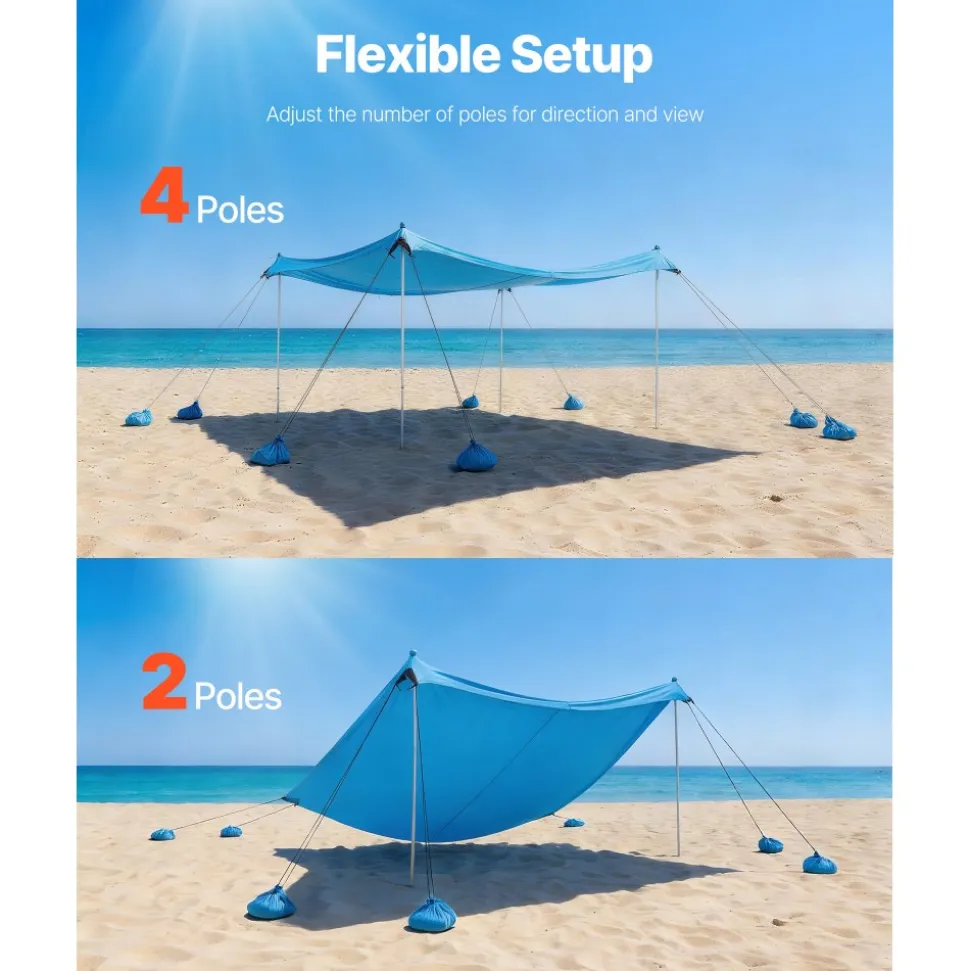 VEVOR Beach Tent Sun Shelter, UPF50+ Sun Protection, 6.6 ft Tall, 10x10 ft, Easy Pop Up Beach Canopy with 8 Sandbags, Stability Poles, Sand Shovels, Portable Shade for Family Outings, Camping, Fishing