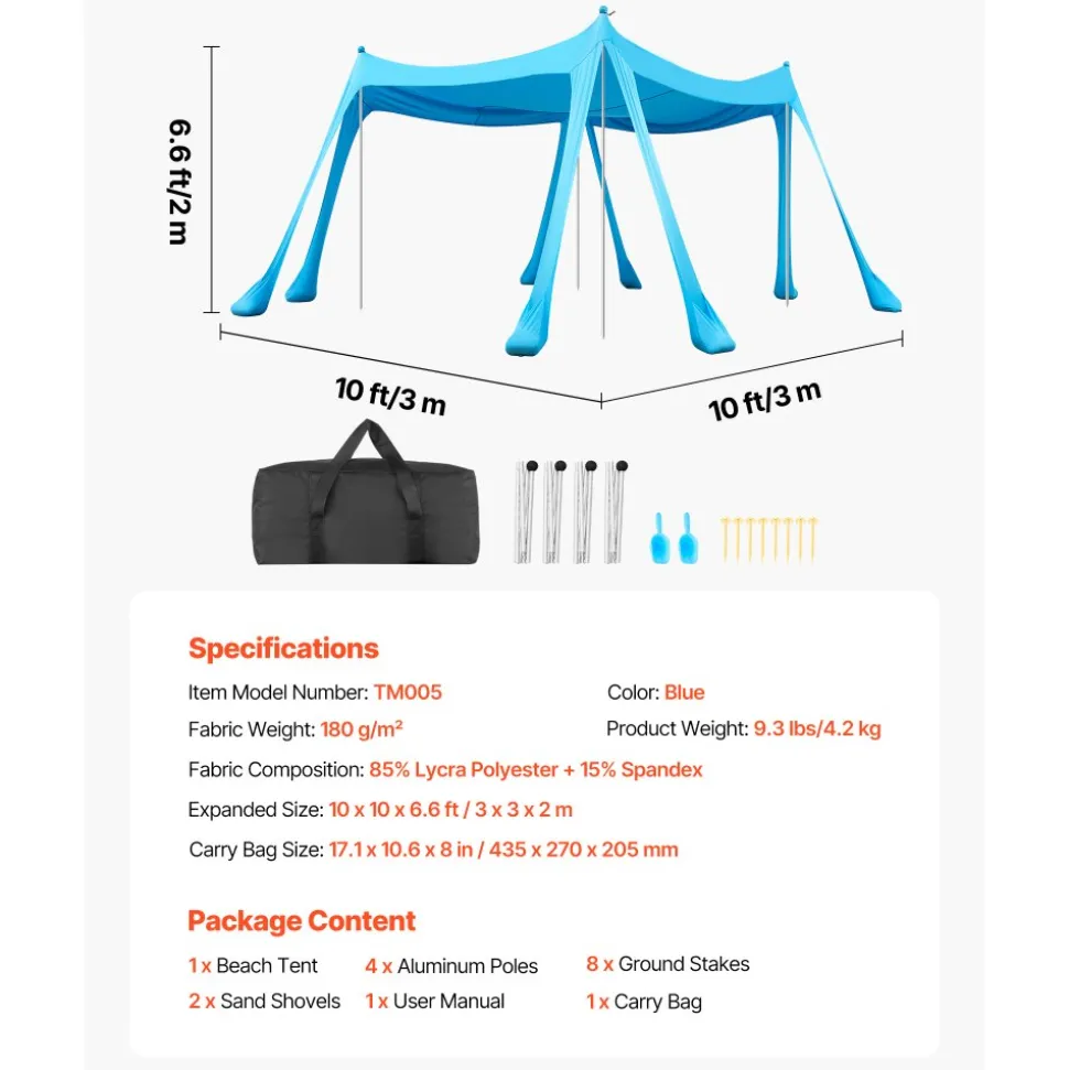 VEVOR Beach Tent Sun Shelter, UPF50+ Sun Protection, 6.6 ft Tall, 10 x 10 ft, Easy Pop Up Beach Canopy with Sandbags, Stability Poles, Sand Shovels, Portable Shade for Family, Camping, Fishing, Green