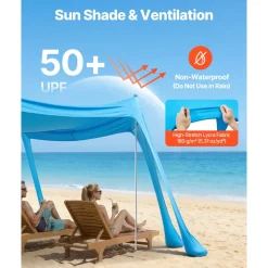 VEVOR Beach Tent Sun Shelter, UPF50+ Sun Protection, 6.6 ft Tall, 10 x 10 ft, Easy Pop Up Beach Canopy with Sandbags, Stability Poles, Sand Shovels, Portable Shade for Family, Camping, Fishing, Green