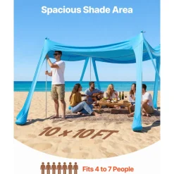 VEVOR Beach Tent Sun Shelter, UPF50+ Sun Protection, 6.6 ft Tall, 10 x 10 ft, Easy Pop Up Beach Canopy with Sandbags, Stability Poles, Sand Shovels, Portable Shade for Family, Camping, Fishing, Green
