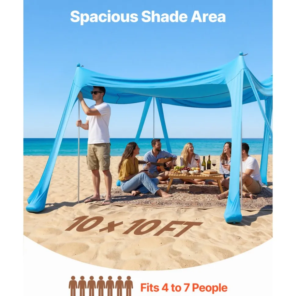 VEVOR Beach Tent Sun Shelter, UPF50+ Sun Protection, 6.6 ft Tall, 10 x 10 ft, Easy Pop Up Beach Canopy with Sandbags, Stability Poles, Sand Shovels, Portable Shade for Family, Camping, Fishing, Green