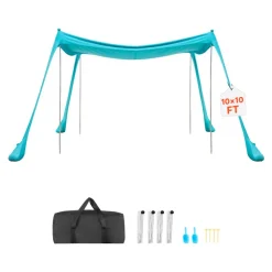 VEVOR Beach Tent Sun Shelter, UPF50+ Sun Protection, 6.6 ft Tall, 10 x 10 ft, Easy Pop Up Beach Canopy with Sandbags, Stability Poles, Sand Shovels, Portable Shade for Family Outings, Camping, Fishing