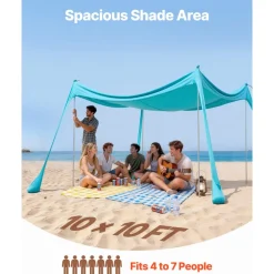 VEVOR Beach Tent Sun Shelter, UPF50+ Sun Protection, 6.6 ft Tall, 10 x 10 ft, Easy Pop Up Beach Canopy with Sandbags, Stability Poles, Sand Shovels, Portable Shade for Family Outings, Camping, Fishing