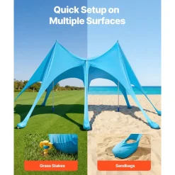 VEVOR Beach Tent Sun Shelter, UPF50+ Sun Protection, 9.2 ft Tall, 20 x 13 ft, Easy Pop Up Beach Canopy with Sandbags, Stability Poles, Sand Shovels, Portable Shade for Family Outings, Camping, Fishing
