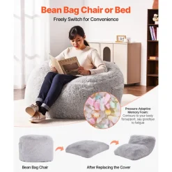 VEVOR Bean Bag Bed Chair, Convertible Chair from BeanBag to Lounge or Mattress, Gaint Bean Bag Chair Bed with Washable Cover for Adults, Fluffy Plush, Foam Filling and Side Pocket, Grey(Queen Size)