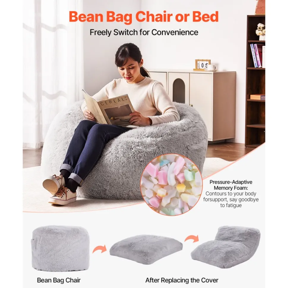 VEVOR Bean Bag Bed Chair, Convertible Chair from BeanBag to Lounge or Mattress, Gaint Bean Bag Chair Bed with Washable Cover for Adults, Fluffy Plush, Foam Filling and Side Pocket, Grey(Queen Size)