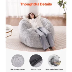 VEVOR Bean Bag Bed Chair, Convertible Chair from BeanBag to Lounge or Mattress, Gaint Bean Bag Chair Bed with Washable Cover for Adults, Fluffy Plush, Foam Filling and Side Pocket, Grey(Queen Size)