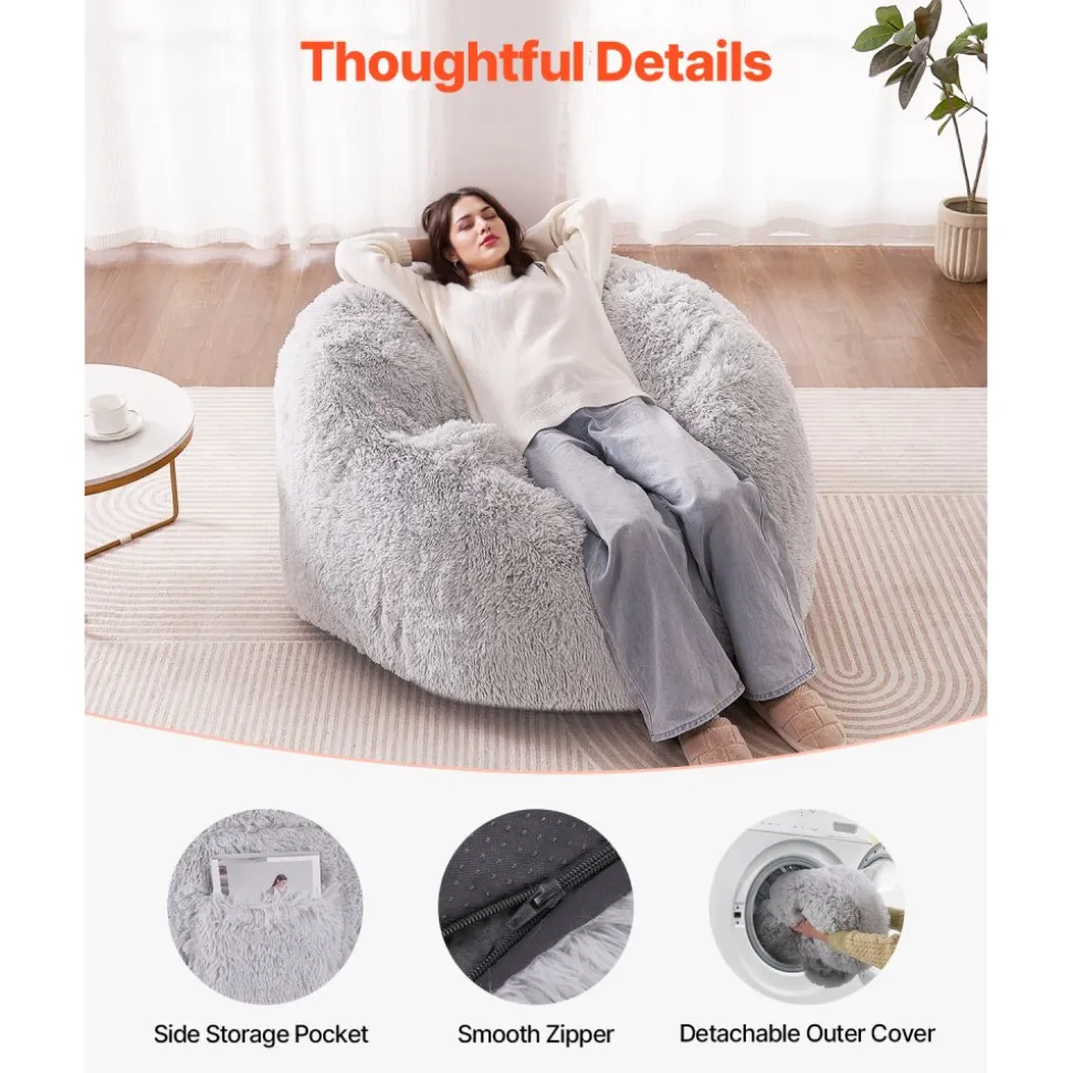VEVOR Bean Bag Bed Chair, Convertible Chair from BeanBag to Lounge or Mattress, Gaint Bean Bag Chair Bed with Washable Cover for Adults, Fluffy Plush, Foam Filling and Side Pocket, Grey(Queen Size)