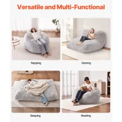 VEVOR Bean Bag Bed Chair, Convertible Chair from BeanBag to Lounge or Mattress, Gaint Bean Bag Chair Bed with Washable Cover for Adults, Fluffy Plush, Foam Filling and Side Pocket, Grey(Queen Size)