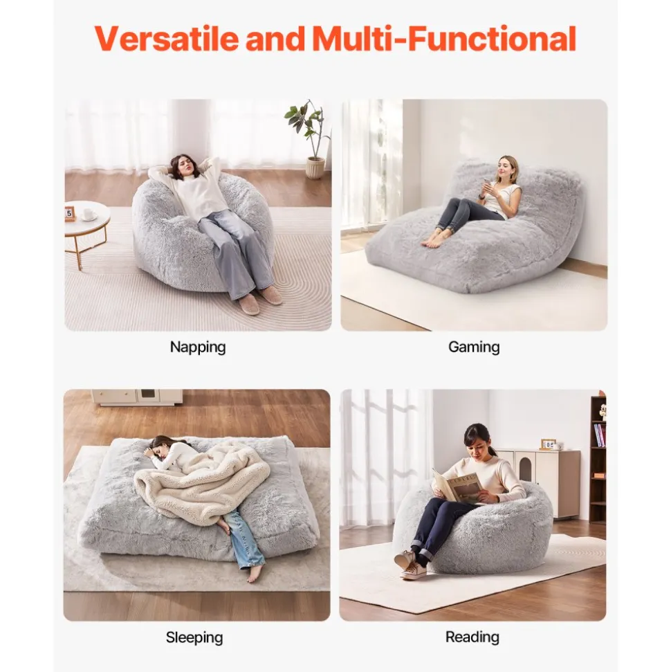 VEVOR Bean Bag Bed Chair, Convertible Chair from BeanBag to Lounge or Mattress, Gaint Bean Bag Chair Bed with Washable Cover for Adults, Fluffy Plush, Foam Filling and Side Pocket, Grey(Queen Size)