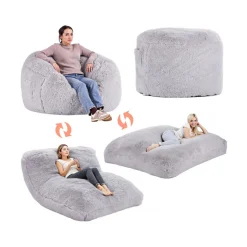 VEVOR Bean Bag Bed Chair, Convertible Chair from BeanBag to Lounge or Mattress, Gaint Bean Bag Chair Bed with Washable Cover for Adults, Fluffy Plush, Foam Filling and Side Pocket, Grey(Queen Size)