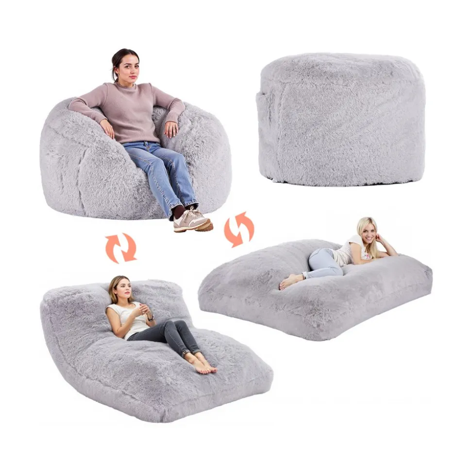 VEVOR Bean Bag Bed Chair, Convertible Chair from BeanBag to Lounge or Mattress, Gaint Bean Bag Chair Bed with Washable Cover for Adults, Fluffy Plush, Foam Filling and Side Pocket, Grey(Queen Size)