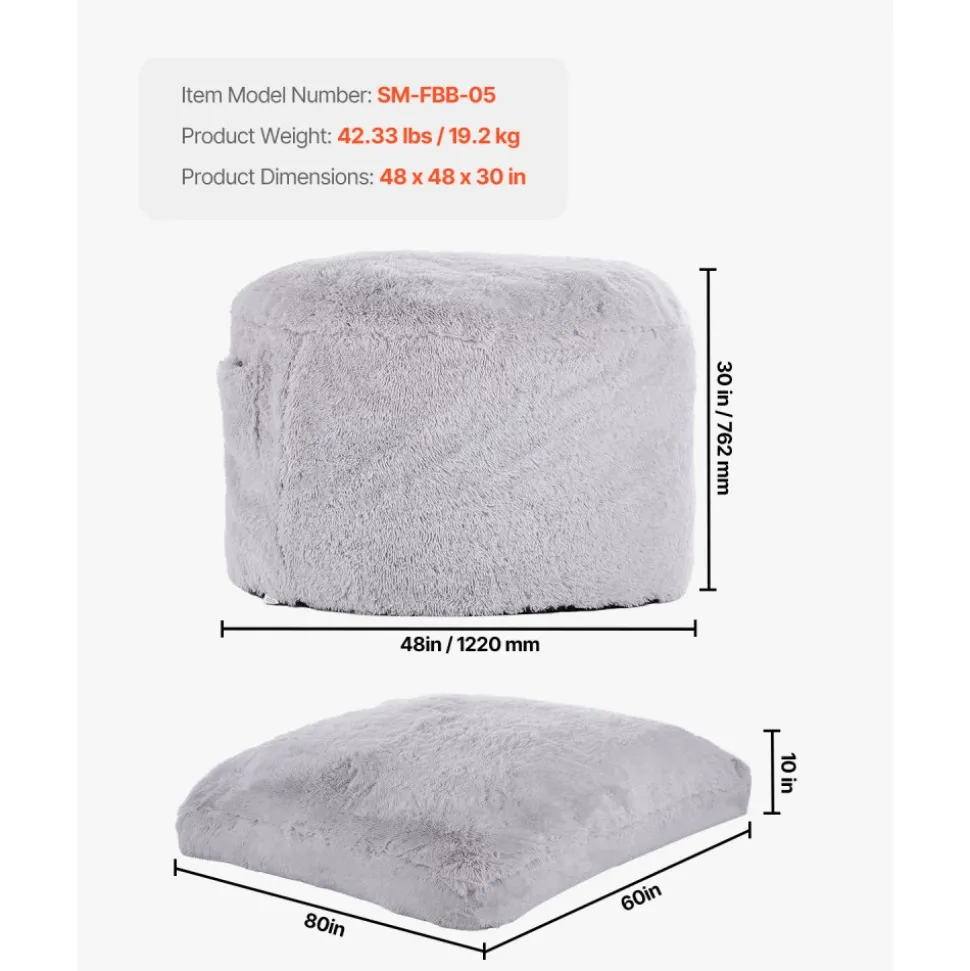 VEVOR Bean Bag Bed Chair, Convertible Chair from BeanBag to Lounge or Mattress, Gaint Bean Bag Chair Bed with Washable Cover for Adults, Fluffy Plush, Foam Filling and Side Pocket, Grey(Queen Size)