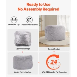 VEVOR Bean Bag Bed Chair, Convertible Chair from BeanBag to Lounge or Mattress, Gaint Bean Bag Chair Bed with Washable Cover for Adults, Fluffy Plush, Foam Filling and Side Pocket, Grey(Full Size)