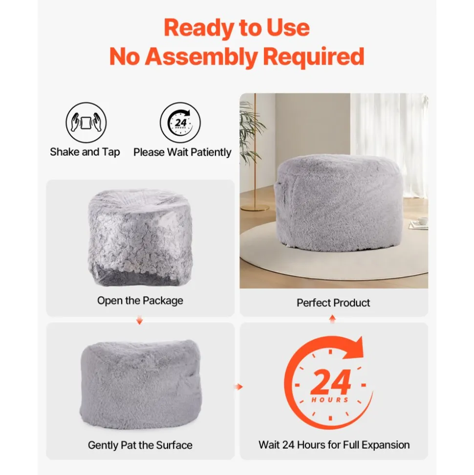 VEVOR Bean Bag Bed Chair, Convertible Chair from BeanBag to Lounge or Mattress, Gaint Bean Bag Chair Bed with Washable Cover for Adults, Fluffy Plush, Foam Filling and Side Pocket, Grey(Full Size)