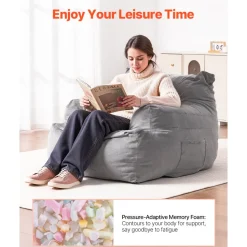 VEVOR Bean Bag Chair, BeanBag Sofa Chair with Armrests for Adults, Fluffy Plush & High-Density Foam Filling Adult Bean Bag with Zapper, Comfy Lazy Sofa Chair Ideal for Living Room, Bedroom, Beige
