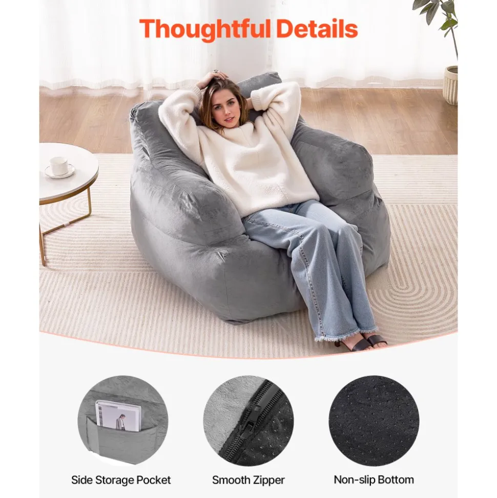 VEVOR Bean Bag Chair, BeanBag Sofa Chair with Armrests for Adults, Fluffy Plush & High-Density Foam Filling Adult Bean Bag with Zapper, Comfy Lazy Sofa Chair Ideal for Living Room, Bedroom, Grey