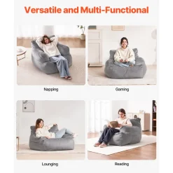 VEVOR Bean Bag Chair, BeanBag Sofa Chair with Armrests for Adults, Fluffy Plush & High-Density Foam Filling Adult Bean Bag with Zapper, Comfy Lazy Sofa Chair Ideal for Living Room, Bedroom, Grey