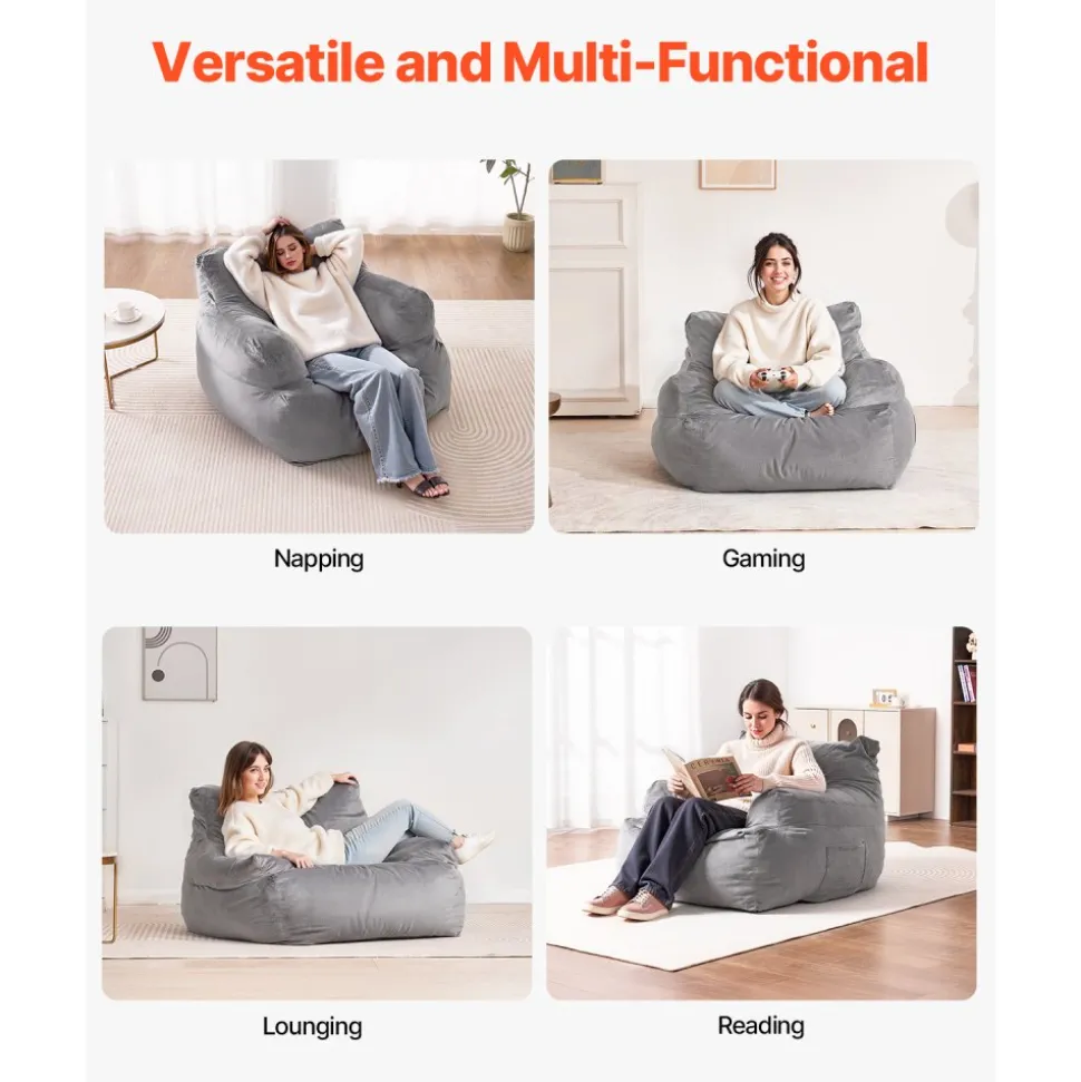 VEVOR Bean Bag Chair, BeanBag Sofa Chair with Armrests for Adults, Fluffy Plush & High-Density Foam Filling Adult Bean Bag with Zapper, Comfy Lazy Sofa Chair Ideal for Living Room, Bedroom, Grey