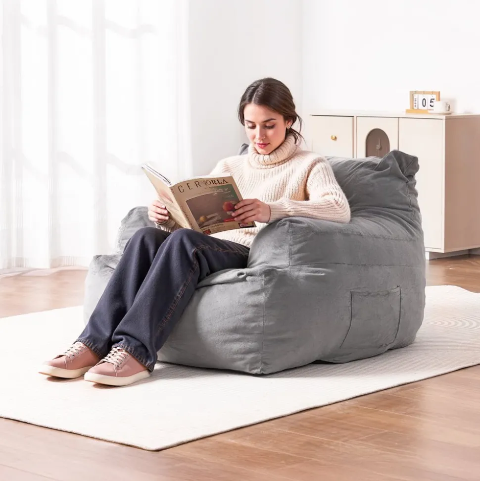 VEVOR Bean Bag Chair, BeanBag Sofa Chair with Armrests for Adults, Fluffy Plush & High-Density Foam Filling Adult Bean Bag with Zapper, Comfy Lazy Sofa Chair Ideal for Living Room, Bedroom, Grey
