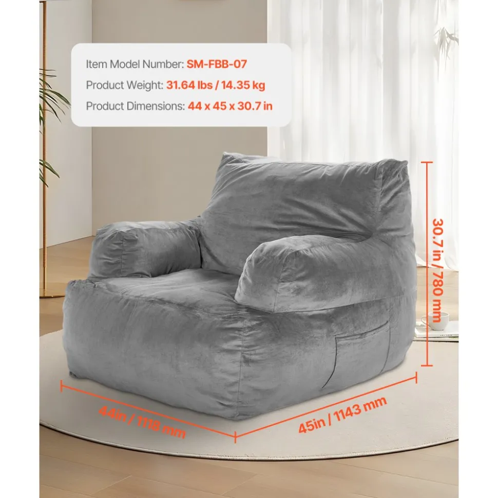 VEVOR Bean Bag Chair, BeanBag Sofa Chair with Armrests for Adults, Fluffy Plush & High-Density Foam Filling Adult Bean Bag with Zapper, Comfy Lazy Sofa Chair Ideal for Living Room, Bedroom, Grey