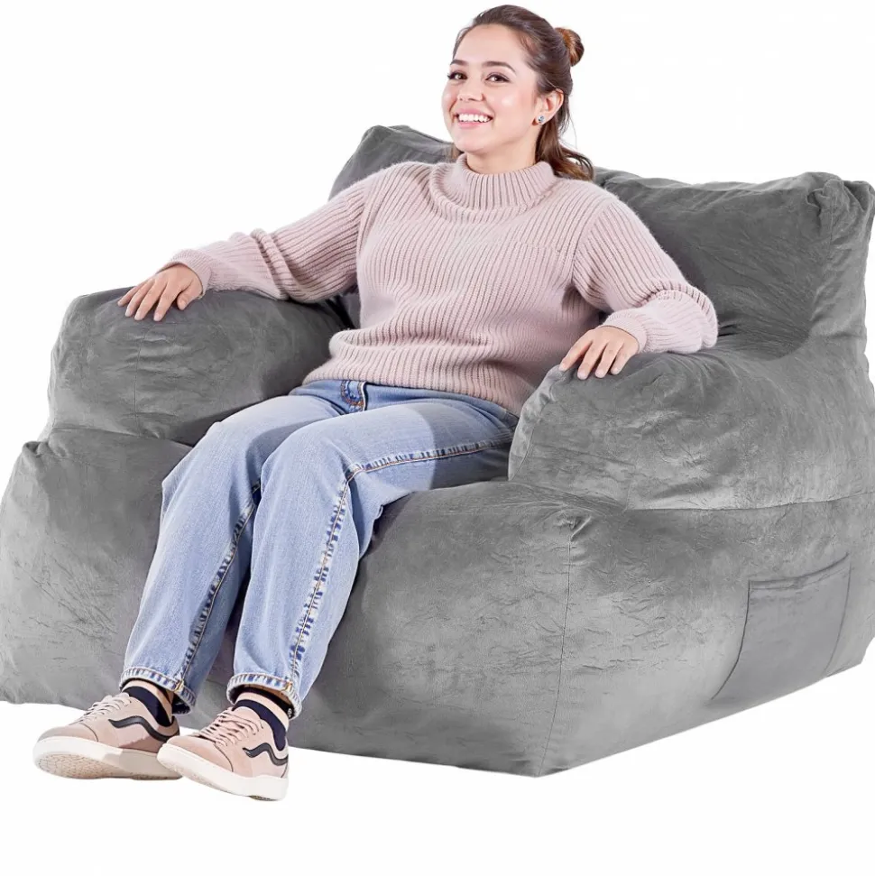 VEVOR Bean Bag Chair, BeanBag Sofa Chair with Armrests for Adults, Fluffy Plush & High-Density Foam Filling Adult Bean Bag with Zapper, Comfy Lazy Sofa Chair Ideal for Living Room, Bedroom, Grey