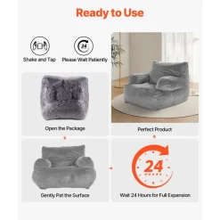 VEVOR Bean Bag Chair, BeanBag Sofa Chair with Armrests for Adults, Fluffy Plush & High-Density Foam Filling Adult Bean Bag with Zapper, Comfy Lazy Sofa Chair Ideal for Living Room, Bedroom, Grey