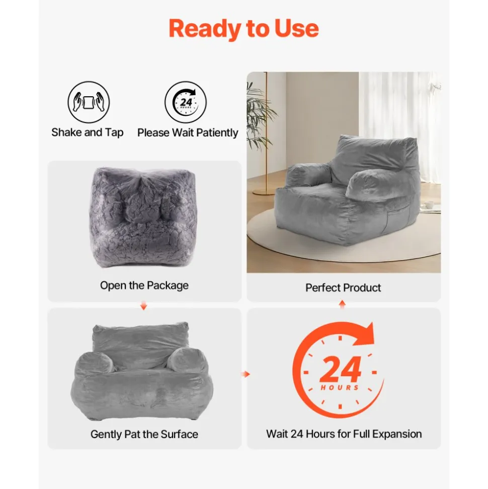 VEVOR Bean Bag Chair, BeanBag Sofa Chair with Armrests for Adults, Fluffy Plush & High-Density Foam Filling Adult Bean Bag with Zapper, Comfy Lazy Sofa Chair Ideal for Living Room, Bedroom, Grey