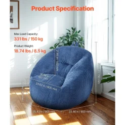 VEVOR Bean Bag Chair, 3 feet Bean Bag Chair with Soft Armrests and Storage Pocket, 25D Memory Foam Filled with Soft Teddy Velvet Cover, Bean Bag for Bedroom or Playroom, Blue