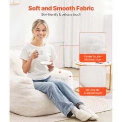 VEVOR Bean Bag Chair, 3 feet Bean Bag Chair with Soft Armrests and Storage Pocket, 25D Memory Foam Filled with Soft Teddy Velvet Cover, Bean Bag for Bedroom or Playroom, White