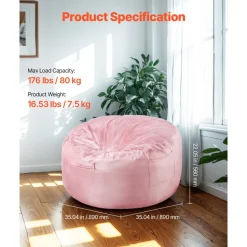 VEVOR Bean Bag Chair, 3 feet Round Bean Bag Chair with Removable and Washable Cover, 25D Memory Foam Filled with Soft and Smooth Dutch Velvet, Bean Bag for Bedroom or Playroom, Pink