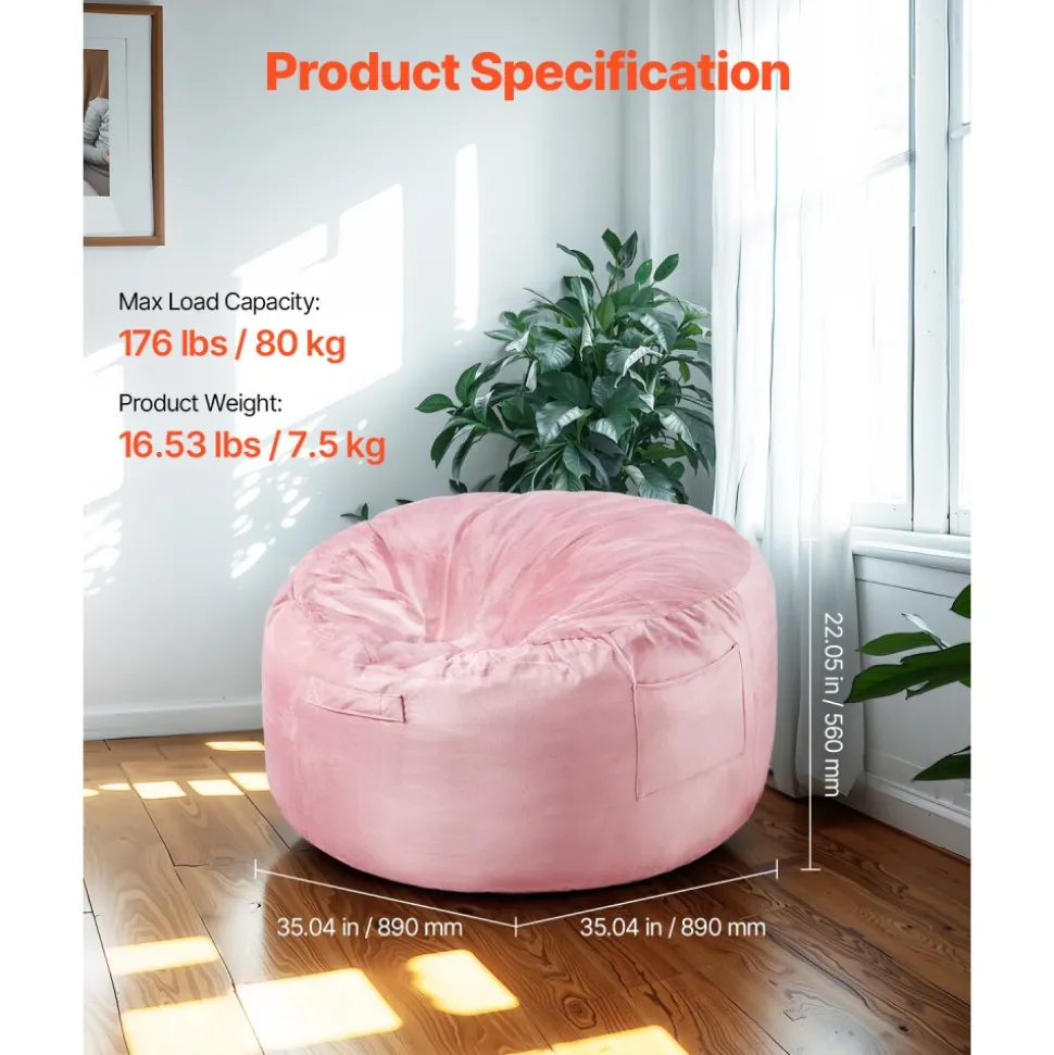 VEVOR Bean Bag Chair, 3 feet Round Bean Bag Chair with Removable and Washable Cover, 25D Memory Foam Filled with Soft and Smooth Dutch Velvet, Bean Bag for Bedroom or Playroom, Pink