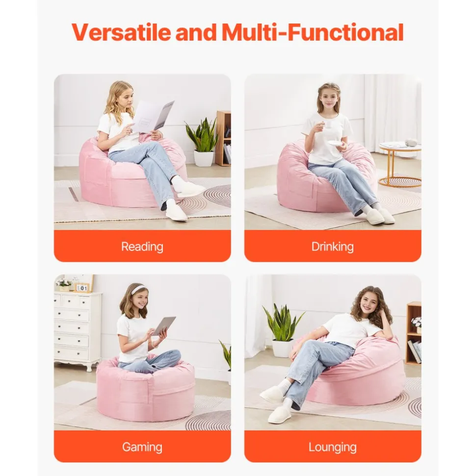 VEVOR Bean Bag Chair, 3 feet Round Bean Bag Chair with Removable and Washable Cover, 25D Memory Foam Filled with Soft and Smooth Dutch Velvet, Bean Bag for Bedroom or Playroom, Pink