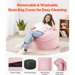 VEVOR Bean Bag Chair, 3 feet Round Bean Bag Chair with Removable and Washable Cover, 25D Memory Foam Filled with Soft and Smooth Dutch Velvet, Bean Bag for Bedroom or Playroom, Pink