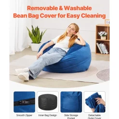 VEVOR Bean Bag Chair, 3 feet Round Bean Bag Chair with Removable and Washable Cover, 25D Memory Foam Filled with Soft and Smooth Dutch Velvet, Bean Bag for Bedroom or Playroom, Blue