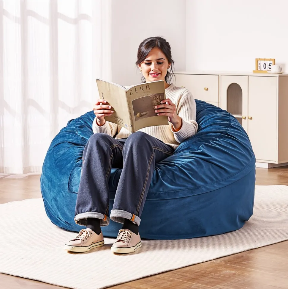 VEVOR Bean Bag Chair, Round BeanBag Chair with Removable & Washable Cover for Adult, Dutch Velvet & High-Density Foam Filling Adult Bean Bag with Handle and Side Pocket for Living Room, Bedroom, Blue