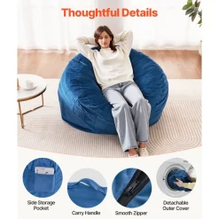 VEVOR Bean Bag Chair, Round BeanBag Chair with Removable & Washable Cover for Adult, Dutch Velvet & High-Density Foam Filling Adult Bean Bag with Handle and Side Pocket for Living Room, Bedroom, Blue