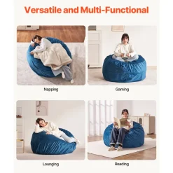 VEVOR Bean Bag Chair, Round BeanBag Chair with Removable & Washable Cover for Adult, Dutch Velvet & High-Density Foam Filling Adult Bean Bag with Handle and Side Pocket for Living Room, Bedroom, Blue