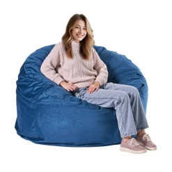 VEVOR Bean Bag Chair, Round BeanBag Chair with Removable & Washable Cover for Adult, Dutch Velvet & High-Density Foam Filling Adult Bean Bag with Handle and Side Pocket for Living Room, Bedroom, Blue